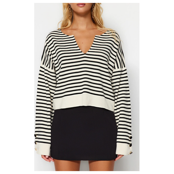 بلوزة نسائية قبة V ترينديول ميلا - اسود وابيض