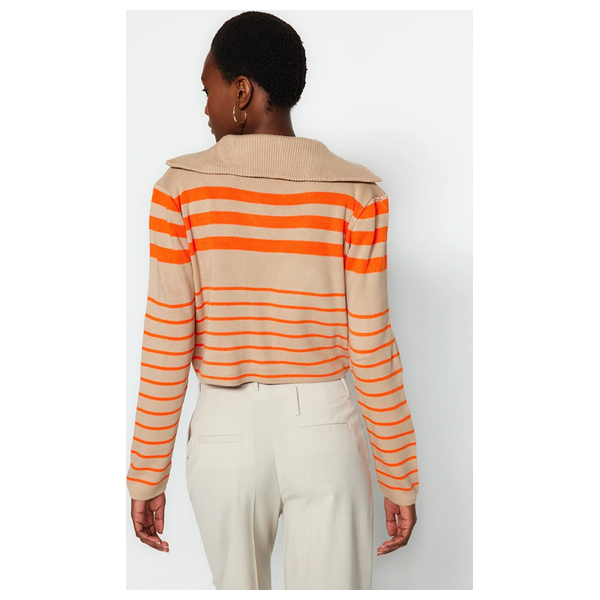 Trendyolmilla Women’s Crop Striped Polo Neck Knitwear Sweater - Beige