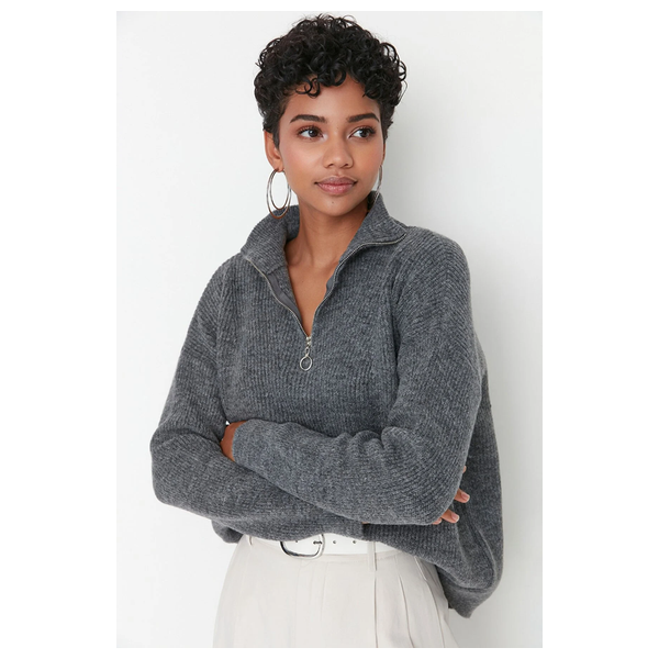 Trendyolmilla Women’s Soft Textured Zippered Knitwear Sweater - Gray