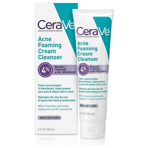  CeraVe Acne Foaming Cream Cleanser - 4% Benzoyl Peroxide Acne Treatment, 150 ml 