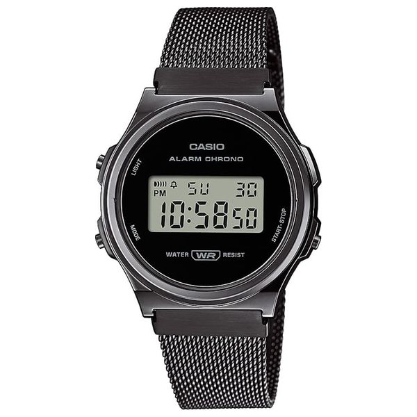  Casio Watch A171WEMB-1ADF For Unisex - Digital Display, Stainless Steel Band - Black 