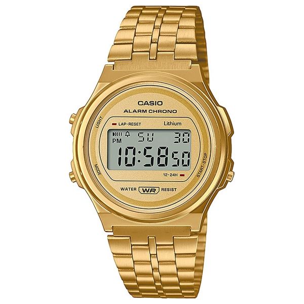  Casio Watch A171WEG-9ADF For Unisex - Digital Display, Stainless Steel Band - Gold 