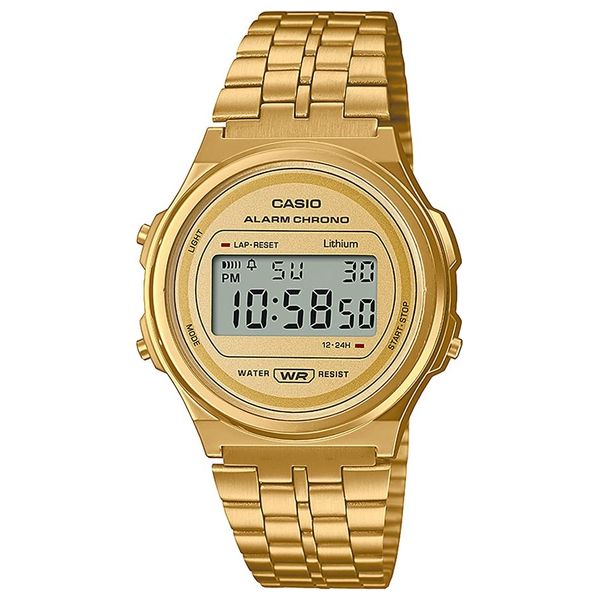  Casio Watch A171WEG-9ADF For Unisex - Digital Display, Stainless Steel Band - Gold 