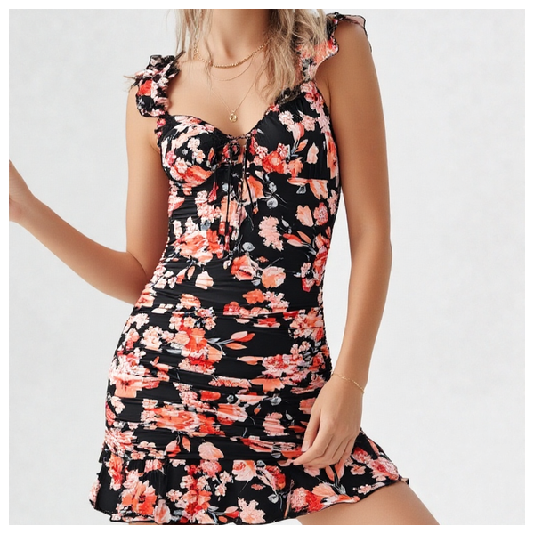  فستان قصير اسود مزهر 