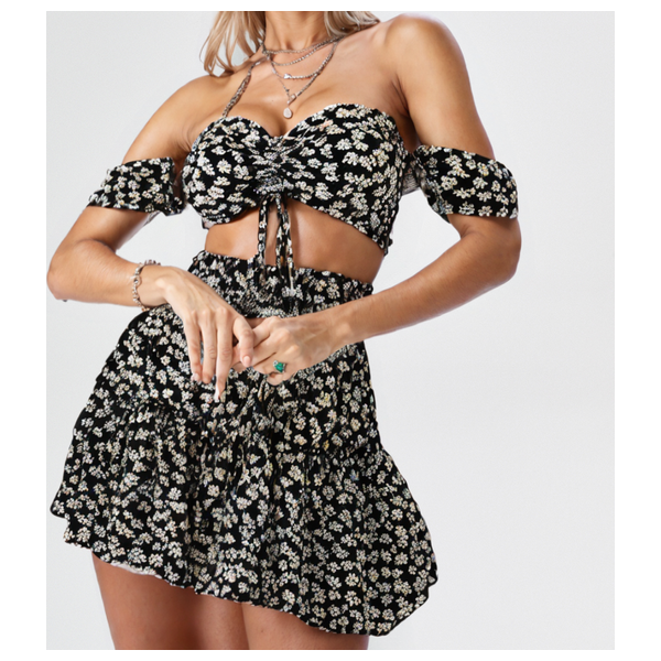  طقم صيفي تنورة وبلوزة - 170 - اسود مزهر 