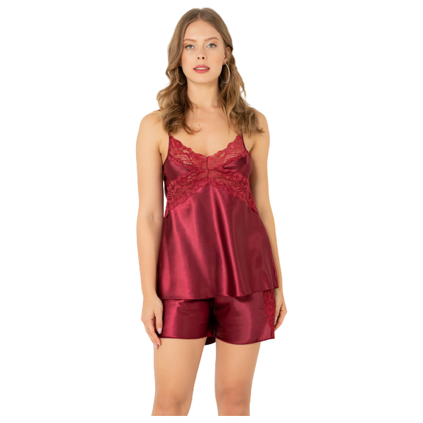  طقم قميص نوم نسائي ساتان مع دانتيل ميوري - ماروني 