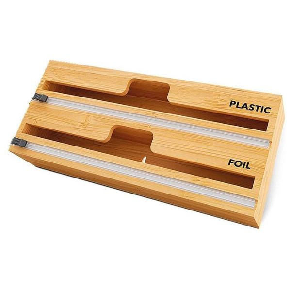 Bamboo Kitchen Wrap Organizer with Slide Cutter - Wood