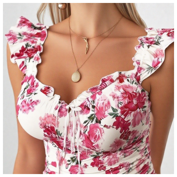  فستان قصير ابيض مزهر بدون اكمام 