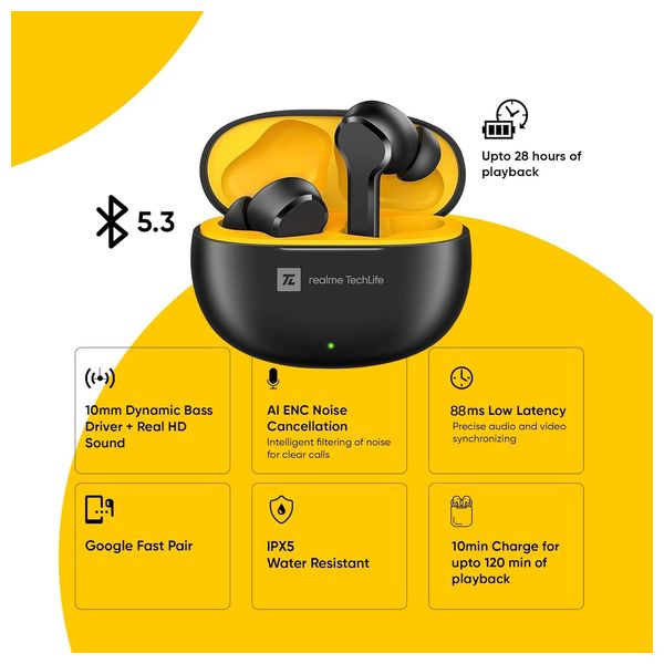  Realme RealmeBuds-T100 - Bluetooth Headphone In Ear - Black 