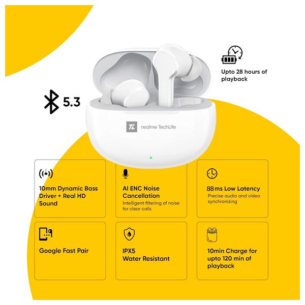  Realme RealmeBuds-T100 - Bluetooth Headphone In Ear - White 