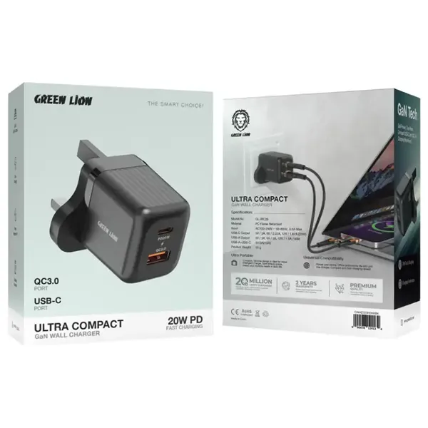  Green Lion GNA20PDQCTLBK - Wall Charger - Dual Port - 20W - Black 