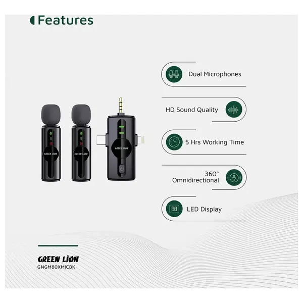  Green Lion GM-80X 3 in 1 Wireless Microphone - Up to 5 Hours - Black 