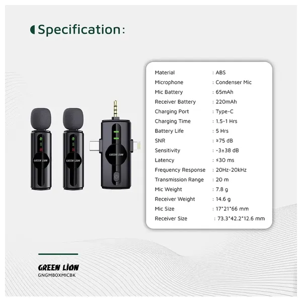 Green Lion GM-80X 3 in 1 Wireless Microphone - Up to 5 Hours - Black 