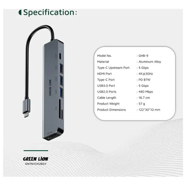  Green Lion 7-in-1 USB-C Hub Gray 