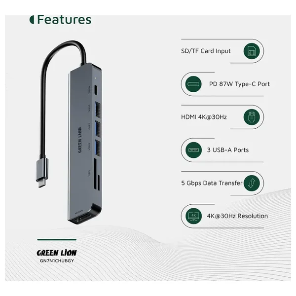  Green Lion 7-in-1 USB-C Hub Gray 