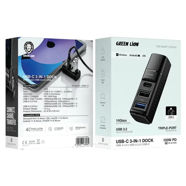  Green Lion USB-C 3-in-1 Dock - Up to 10Gbps - Black 
