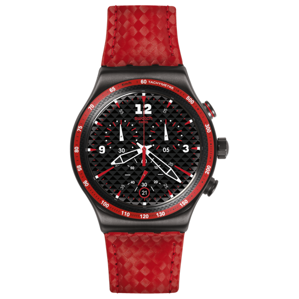 Elryan: Swatch Watch YVM401 For Men - Analog Display, Leather Band - Red