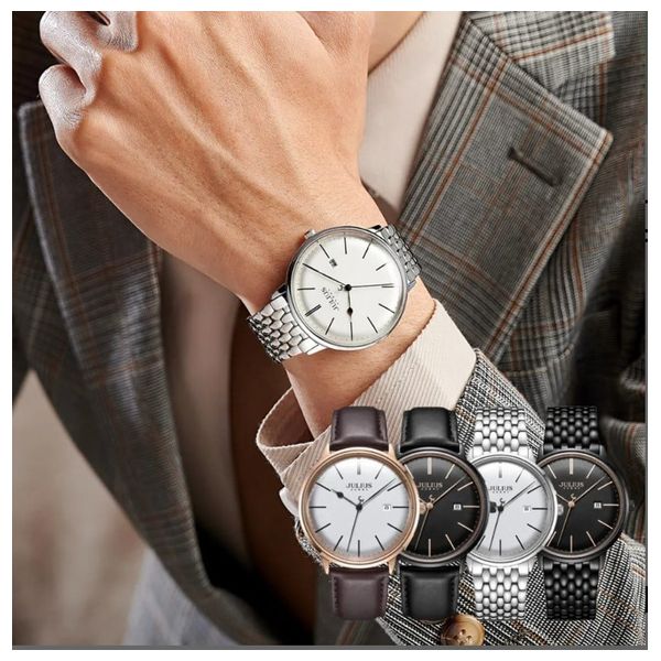  ساعة جوليوس للرجال - عرض بعقارب, سوار من ستانلس ستيل - فضي 