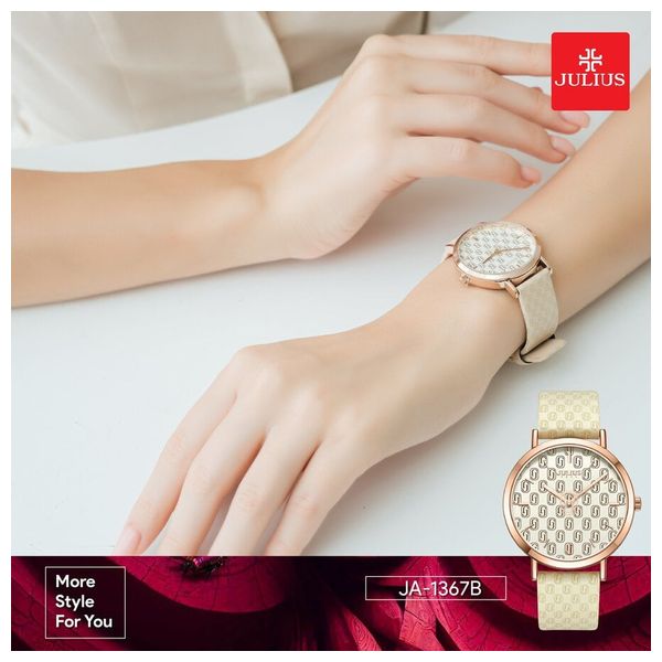  ساعة جوليوس للنساء JA-1367 - عرض بعقارب, سوار من الجلد - كريمي 