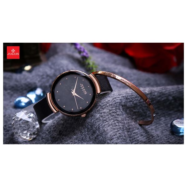 ساعة جوليوس للنساء JA-1179 - عرض بعقارب, سوار من ستانلس ستيل - اسود