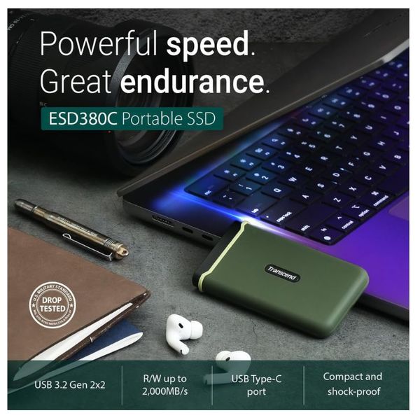 قرص SSD خارجي محمول ترانسيند ESD380C - سعة 1 تيرابايت - سرعة نقل بيانات 2000 ميجابايت/ثانية، مقاوم للصدمات، منفذ USB 3.2 من الجيل الثاني - أخضر