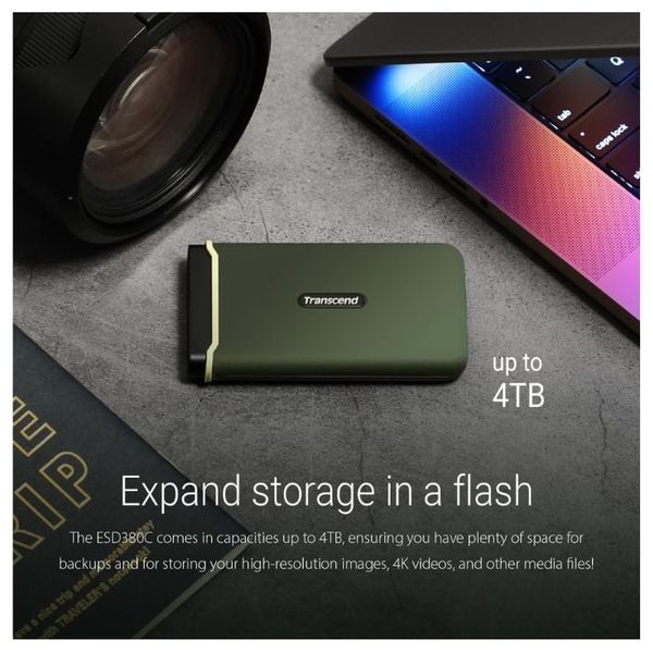 قرص SSD خارجي محمول ترانسيند ESD380C - سعة 1 تيرابايت - سرعة نقل بيانات 2000 ميجابايت/ثانية، مقاوم للصدمات، منفذ USB 3.2 من الجيل الثاني - أخضر