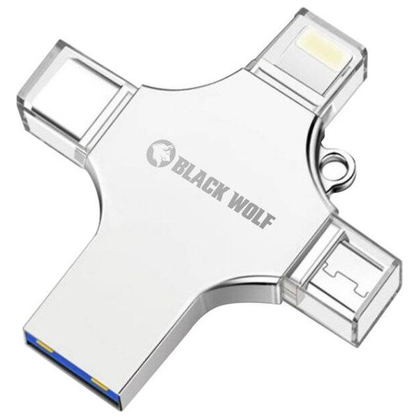  Black Wolf 4-in-1 USB Flash Drive - 256GB - Lightning - Micro USB -Type-C - USB 3.0 Ports 