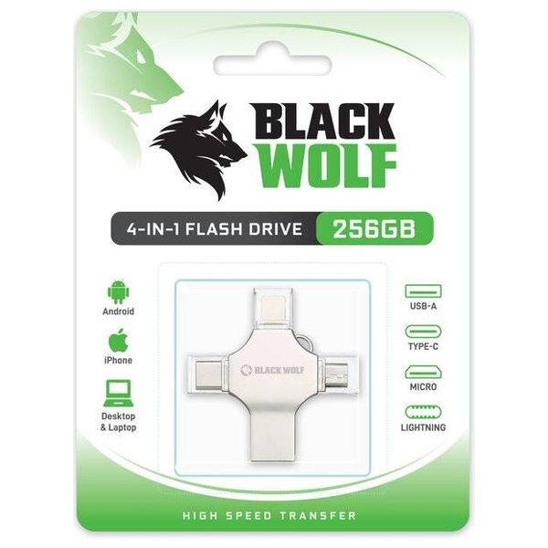  Black Wolf 4-in-1 USB Flash Drive - 256GB - Lightning - Micro USB -Type-C - USB 3.0 Ports 