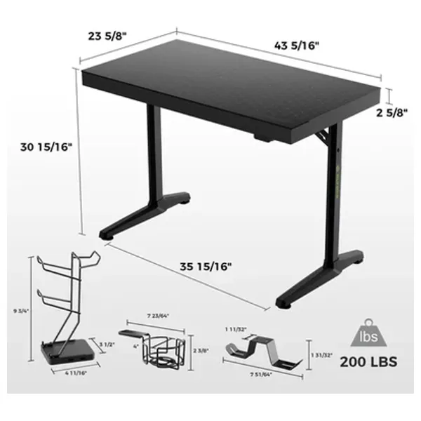 Gaming Desk GTG 143 V3 - LED RGB Lights  - Cup Holder; Headset Stand - Black