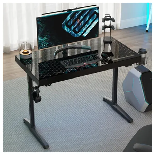 Gaming Desk GTG 143 V3 - LED RGB Lights  - Cup Holder; Headset Stand - Black