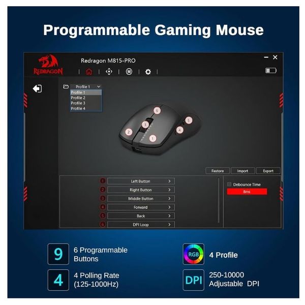  ماوس الألعاب ريدراجون فائق الخفة - دقة عالية تصل إلى 26000 نقطة في البوصة - 6 أزرار قابلة للبرمجة مع إعدادات محفوظة في الذاكرة الداخلية - أسود 