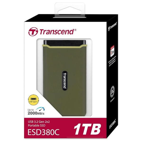 قرص SSD خارجي محمول ترانسيند ESD380C - سعة 1 تيرابايت - سرعة نقل بيانات 2000 ميجابايت/ثانية، مقاوم للصدمات، منفذ USB 3.2 من الجيل الثاني - أخضر