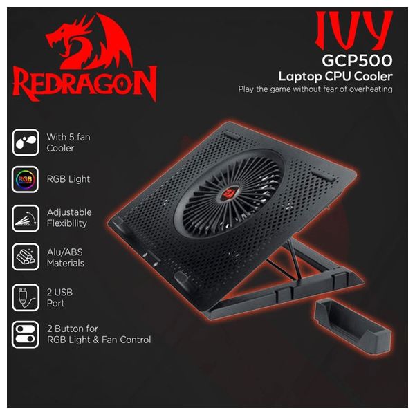  Redragon GCP500 - Laptop Cooling Pad - 5 Turbo Fans & RGB Backlit - 2 USB Ports - Supports 12-15.6 