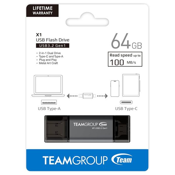Team Group TX1364GC01 -  Dual Interface USB Flash Drive - 64GB - Black