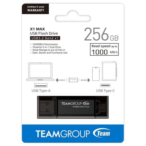 Team Group TX1MAX3256GB01 - Dual Interface USB Flash Drive Data - 256GB - Black