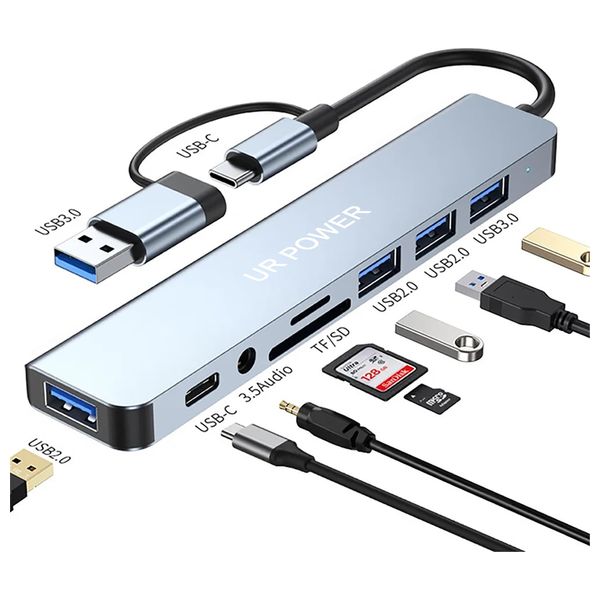  UR Power UH81CR - 8 in 1 USB-C Hub - Up to 5 Gbps - Silver 