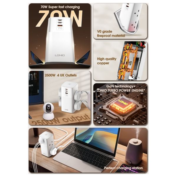  URPower SK4396 - Extension Socket - 4 Ports - Cable Length 2meters - 70W - White 