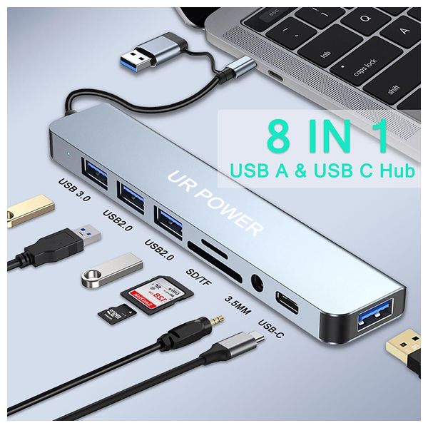  UR Power UH81CR - 8 in 1 USB-C Hub - Up to 5 Gbps - Silver 