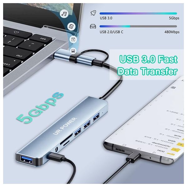  UR Power UH81CR - 8 in 1 USB-C Hub - Up to 5 Gbps - Silver 