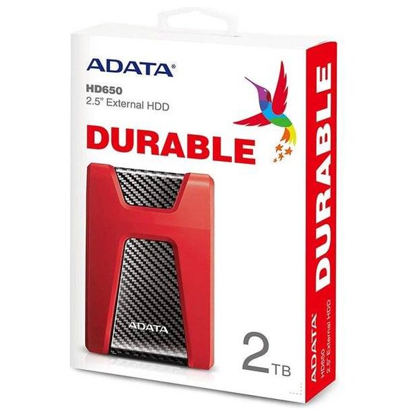 هارد خارجي اي داتا - HD650 - بحجم 2 تيرابايت - اضاءة LED - احمر