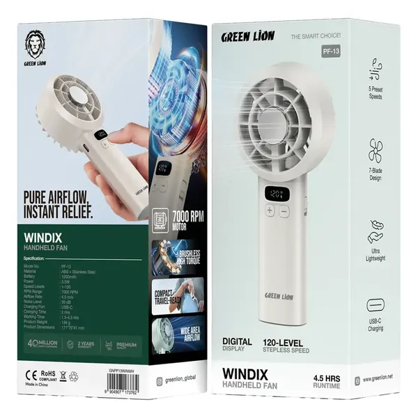  Green Lion PF-13 - Windix Handheld Fan - 120 Speed, 4.5h Runtime - White 