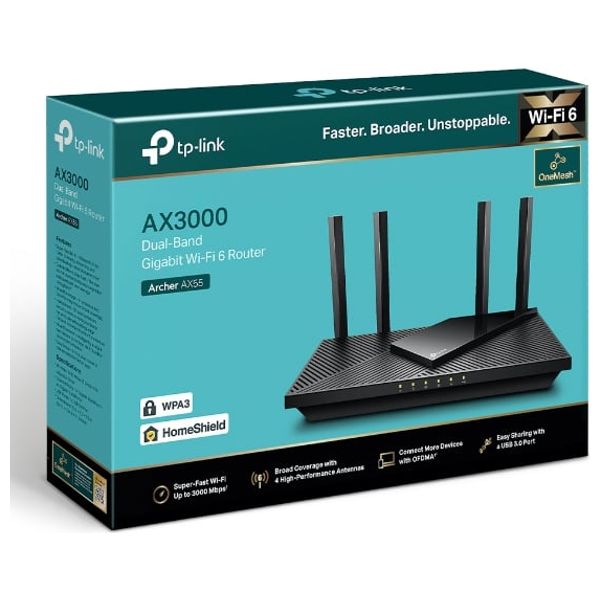  TP-Link Archer AX55 Dual Band WiFi 6 Gigabit Router - AX3000 - Black 