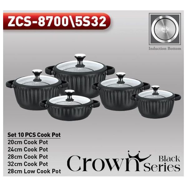 زيو كراون سيريس طقم قدور - 10 قطع - ZCS-8700/5S32 - أسود