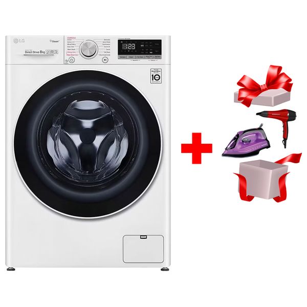  LG WV2149WVG - 8Kg - Front Loading Washing Machine - White + Gosonic GHD-251 - Hair Dryer - Red + Newal IRN-783 - Steam Iron - Purple 