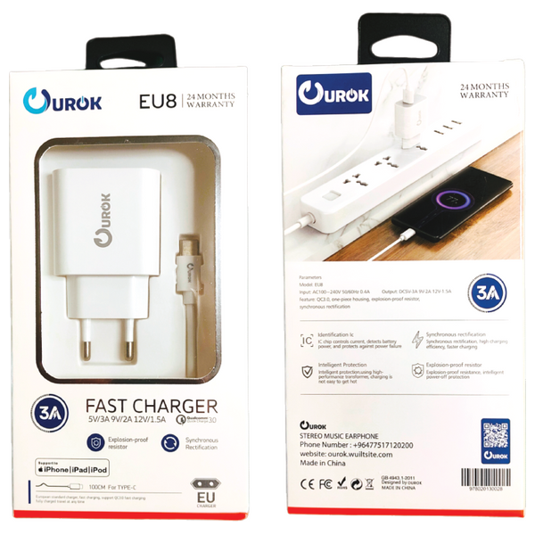  Ourok EU8 - Wall Charger - 3A - 1 Ports - White 