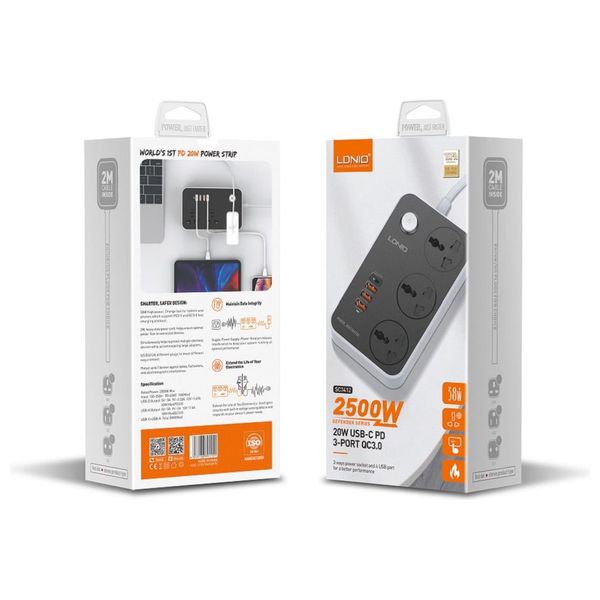  موزع كهربائي لدنيو - 3 مخارج طاقة - 4 منافذ يو اس بي - 2 متر - اسود 