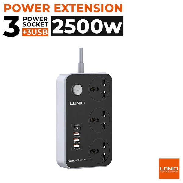  موزع كهربائي لدنيو - 3 مخارج طاقة - 4 منافذ يو اس بي - 2 متر - اسود 