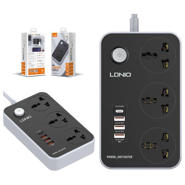  موزع كهربائي لدنيو - 3 مخارج طاقة - 4 منافذ يو اس بي - 2 متر - اسود 