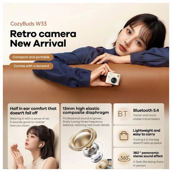 سماعة بلوتوث داخل الاذن ريماكس CozyBuds W33 - بطارية تعمل لمدة 4 ساعة - مقاومة للماء IPX4 - بلوتوث 5.4 - بيجي 