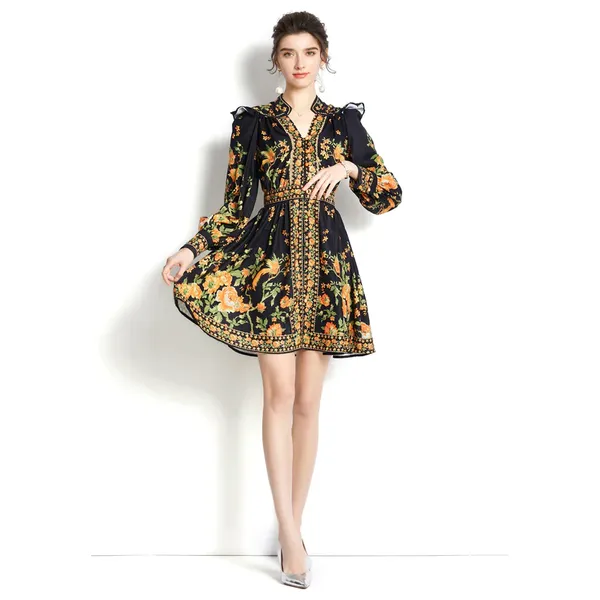 MSN - Women's Floral Print Button up Lantern Sleeve Casual Shirt Dress A-line Mini Dress